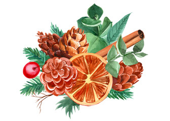 Christmas composition on white isolated background, eucalyptus, fir and pine branch, pine cones, dried orange, cinnamon stick, hawthorn berries, watercolor illustration