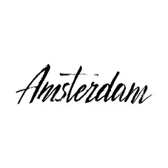 Amsterdam city logo text. Trendy lettering typography font. Brush calligraphy design. Print for postcard, sticker, t-shirt, travel website. Vector eps 10.