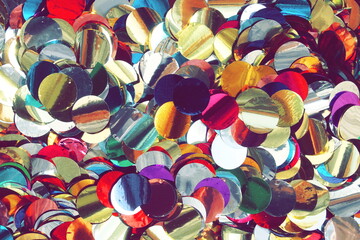 Colorful confetti texture close up full frame  background. Top view.