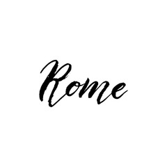 Rome city logo text. Trendy lettering typography font. Brush calligraphy design. Print for postcard, sticker, t-shirt, travel website. Vector eps 10.
