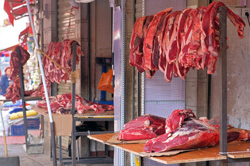 Himalayan Yak meat exposed in a market in Lhasa, Tibet.