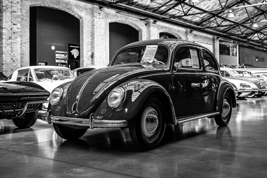 Economy car Beetle Export Modell Typ 11C,1951, on May 06, 2018 in Berlin, Germany. Black and white.