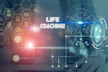 Obraz premium Writing note showing Life Coaching. Business concept for demonstrating employed to help showing attain their goals in career Picture photo network scheme with modern smart device