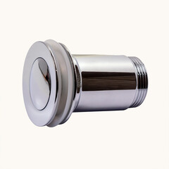 Wash-basin click clack waste, metal, big plug chrome button isolated on white background. Close-up. Isolation on a white background for the project and design.