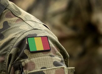 Flag of Mali on military uniform. Army, troops, soldiers. Collage.