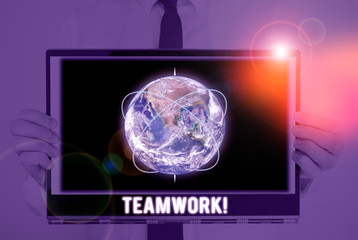 Word writing text Teamwork. Business photo showcasing combined action of group especially when effective and efficient Picture photo system network scheme modern technology smart device and Elements