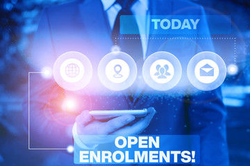 Conceptual hand writing showing Open Enrolments. Concept meaning when employees may make changes to elected fringe benefit Picture photo network scheme with modern smart device