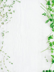 Healthy natural food ingredients. Fresh green herbs on white wooden background.