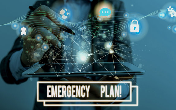 Conceptual hand writing showing Emergency Plan. Concept meaning actions developed to mitigate damage of potential events Picture photo network scheme with modern smart device