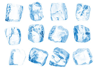 Set of pieces of pure blue natural crushed ice. Ice cubes of irregular form. Clipping path for each cube included.