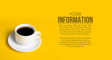 Cup of coffee drink on yellow background, space for text