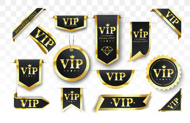 Vip label, badge or tag. Vector black banner with gold vip text. Vector illustration - obrazy, fototapety, plakaty