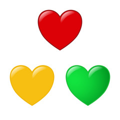 set of 3 glossy hearts in red, gold and green on white