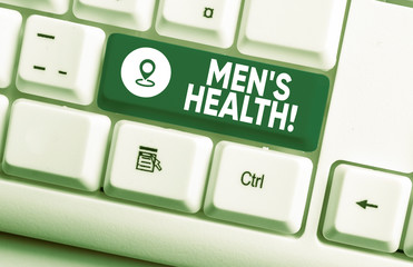 Writing note showing Men S Health. Business concept for state of complete physical mental and social well being by analysis White pc keyboard with note paper above the white background