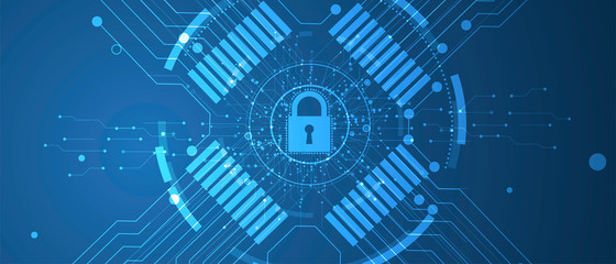 internet digital security technology concept for business background. Lock on circuit board