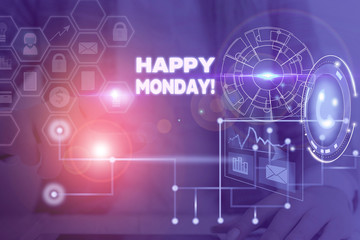 Writing note showing Happy Monday. Business concept for telling that demonstrating order to wish him great new week Picture photo network scheme with modern smart device