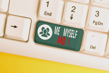 Text sign showing Me Myself And I. Business photo showcasing used by speaker to refer to herself as...