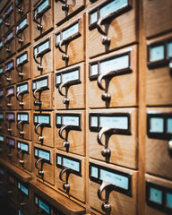 Library card catalog cabinets containing library cards