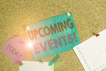 Conceptual hand writing showing Upcoming Events. Concept meaning thing that will happens or takes place soon planned occasion Corkboard size paper thumbtack sheet billboard notice board