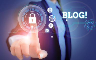 Word writing text Blog. Business photo showcasing regularly updated website web page run by individual Woman wear formal work suit present presentation using smart latest device