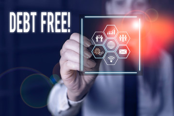 Word writing text Debt Free. Business photo showcasing does not owning any money to any individual or companies Woman wear formal work suit present presentation using smart latest device
