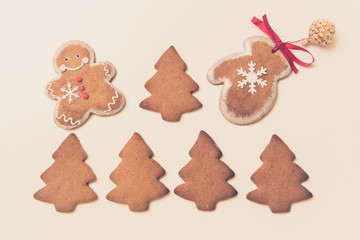 Gingerbread cookies in the shape of Christmas trees, man and mittens on a white background. Top view