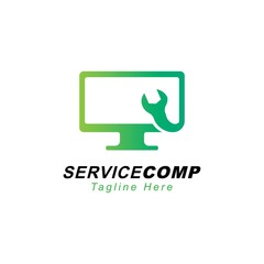 Computer with wrench symbol logo design template