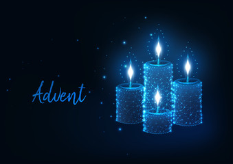 Futuristic Christmas Advent concept with glowing low polygonal burning candles with lights.