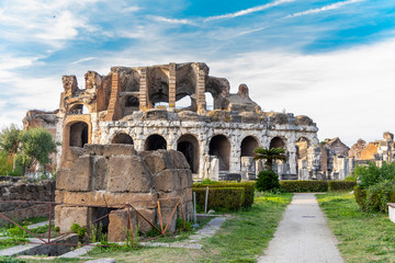 The ruins of the Roman amphitheater located in the Ancient Capua, Caserta, Southern Italy
