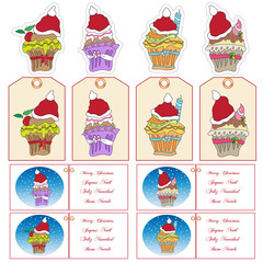 Set of Christmas cupcakes for greeting cards labels stickers
