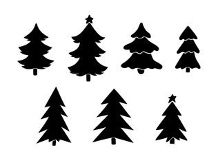 Fir tree silhouettes hand drawn set. Christmas elements. Vector illustration.