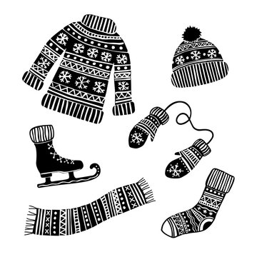 Winter knitted clothes hand drawn set. Sweater, cap, mittens, figure skates, sock, scarf.  Vector illustration.