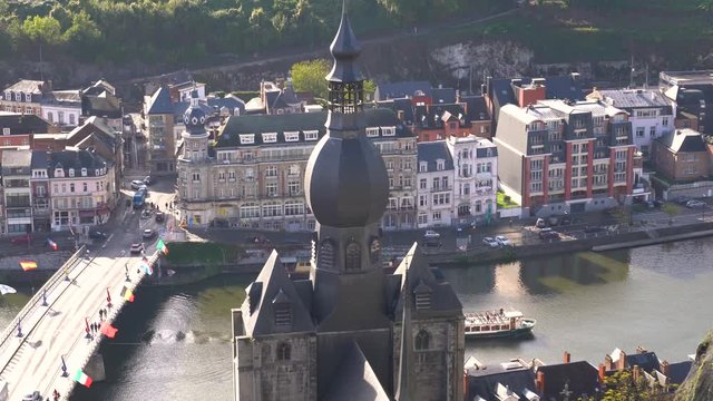 :From  Dinant Citadel detail view of Church of Our Lady (Collegiale Notre-Dame) and city view