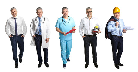 Obraz premium Collage with man in uniforms of different professions on white background