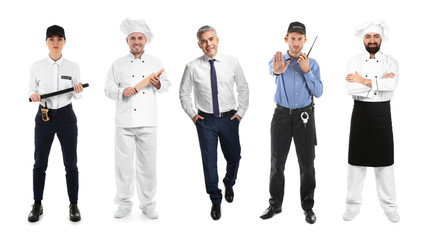 Obraz premium Collage with man in uniforms of different professions on white background