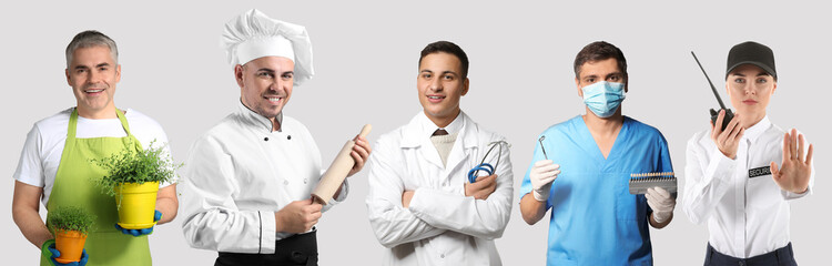 Collage with people of different professions on grey background