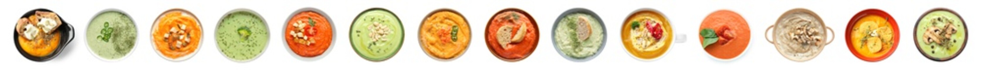 Collage with tasty cream soups in bowls on white background