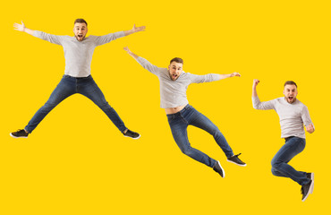 Fototapeta na wymiar Collage with jumping young man on color background