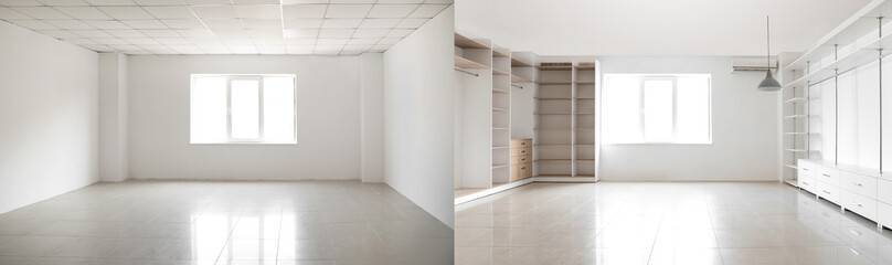 View of room before and after repair
