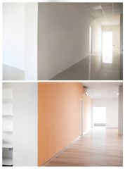 View of spacious hall before and after renovation in office