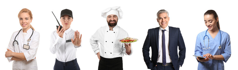 Fototapeta premium Collage with people of different professions on white background