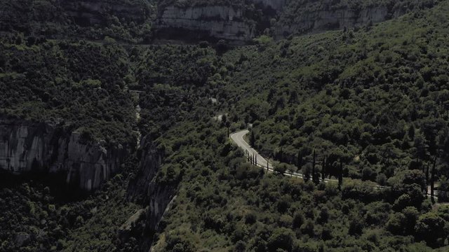 Road in the Mountains, Montserrat Spain near Barselona city Drone shot