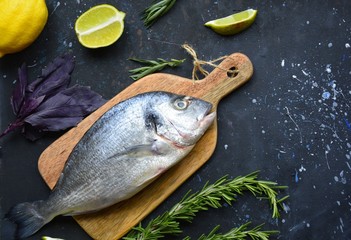 fresh dorado fish with seasonings on a cutting board and a dark background, with space for text, flat lay