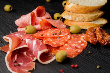  Meat plate. Meat cuts. Different types of meat slices