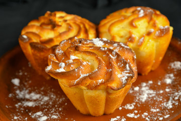 Three delicious freshly baked juicy pastries sprinkled with powdered sugar lie on a clay plate. Close-up