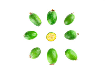 Juicy and ripe feijoa isolated on a white background. Healthy autumn fruit.