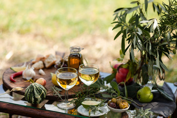 Delicious and romantic italian snack outside of a couple: wine, olives, bottle of olive oil, bread, fruits. Luxury lifestyle, healthy and gourmet food. Green background - Powered by Adobe