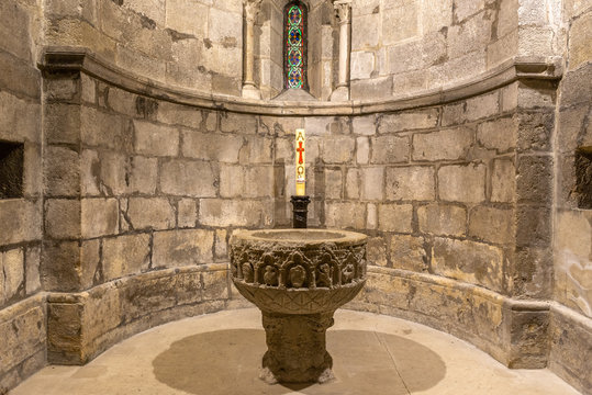 Baptismal font of the sanctuary of Our Lady of Estibaliz, Alava, Spain
