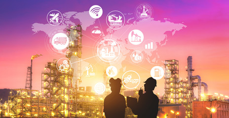 Engineering team is working at the oil and gas refinery factory zone in large energy industrial ,and physical system icons concept, Industry 4.0 concept at sunset. image