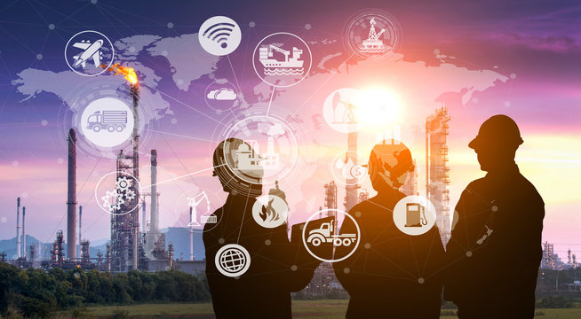 Double exposure Silhouette of the engineering team is working at the oil and gas refinery in a large energy industrial ,and physical system icons concept, Industry 4.0 concept.